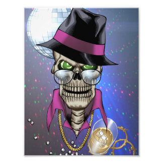 Skull Pimp with Hat, Glasses, Gold Chain and Disco Photo Print