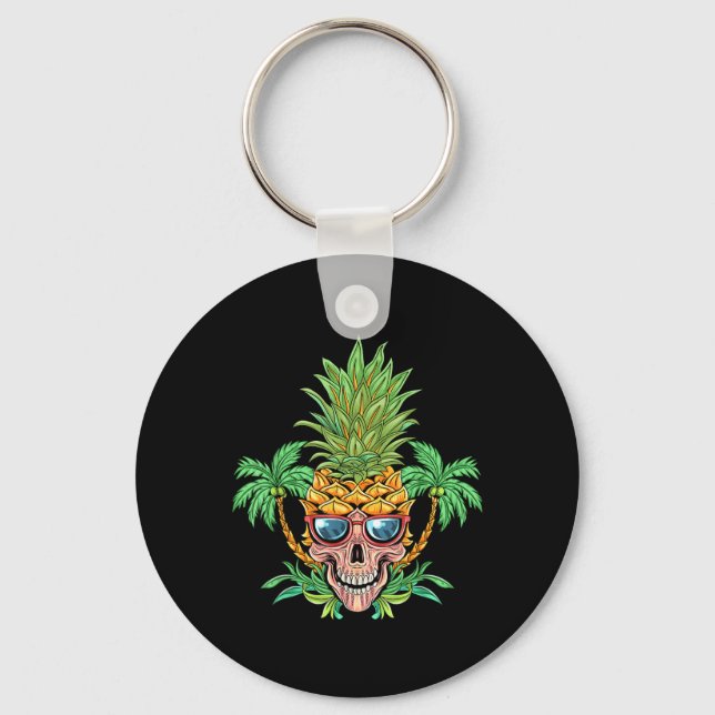 Skull Pineapple Aloha Beaches Hawaiian Flowers Keychain (Front)