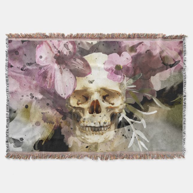 Skull Pink Floral Throw Blanket (Front)
