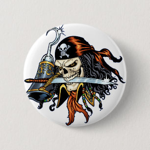 Skull Pirate with Sword and Hook by Al Rio 2 Inch Round Button