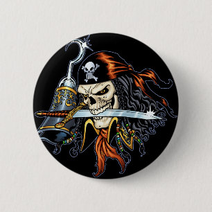 Skull Pirate with Sword and Hook by Al Rio 2 Inch Round Button