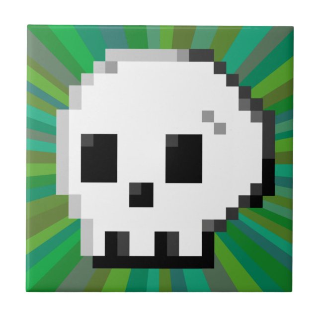 Skull pixel art 8 bit psychedelic green tile (Front)