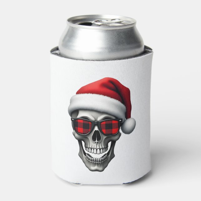 Skull Plaid Santa Hat Christmas Pajama Cool Skelet Can Cooler (Can Front)