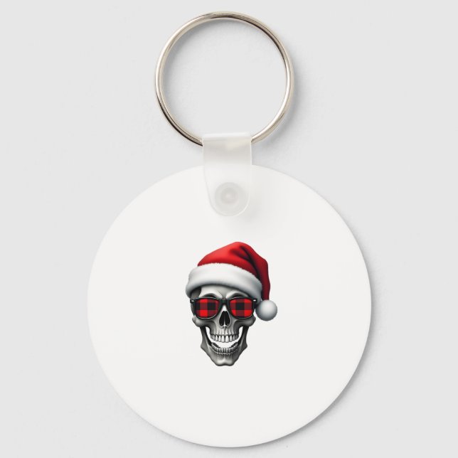 Skull Plaid Santa Hat Christmas Pajama Cool Skelet Keychain (Front)