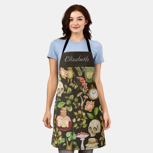 Skull Plant Mushroom Flower Abstract Halloween Apron (Worn)