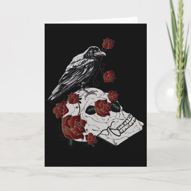 Skull, Raven & Roses Blank Greeting Card (Front)
