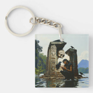 Skull Raven Sepulcher Witchy Dark Occult AI Art Keychain