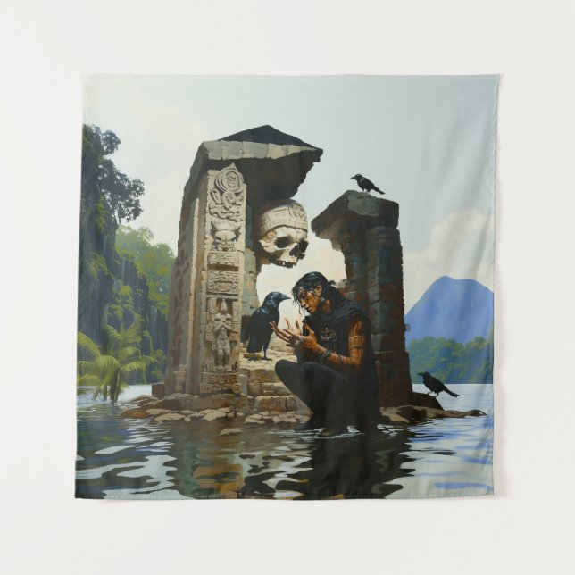 Skull Raven Sepulcher Witchy Dark Occult AI Art Tapestry (Front)