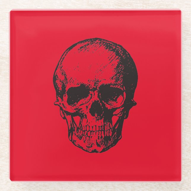 Skull Red Pop Art Glass Coaster (Front)