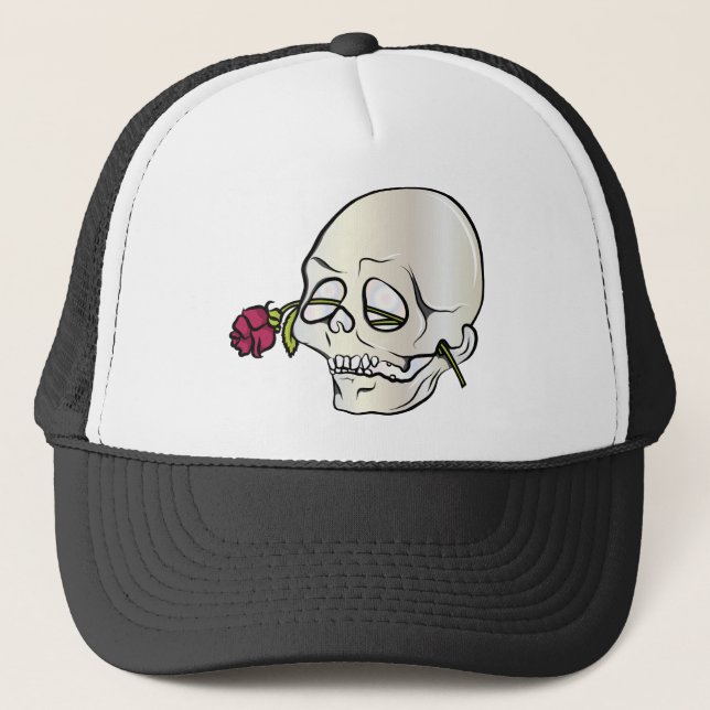 Skull ~ Red Rose 2 Tattoo Skull Fantasy Art Trucker Hat (Front)