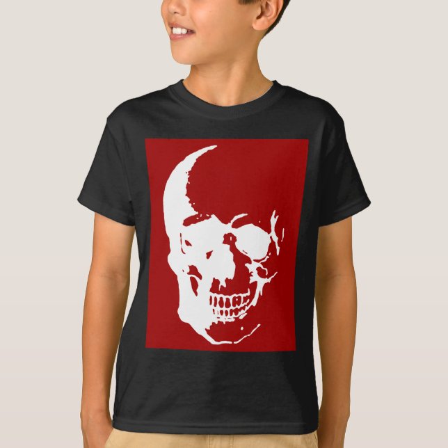 Skull - Red & White Metal Fantasy Art T-Shirt (Front)