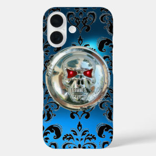 SKULL RIDERS BLACK AQUA BLUE DAMASK GEM Sapphire iPhone 16 Case
