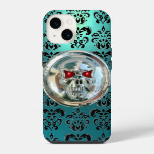 SKULL RIDERS BLACK TEAL BLUE DAMASK FLORAL iPhone 14 CASE