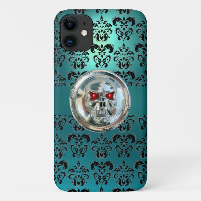 SKULL RIDERS TEAL TURQUOISE BLUE DAMASK red black Case-Mate iPhone Case (Back)
