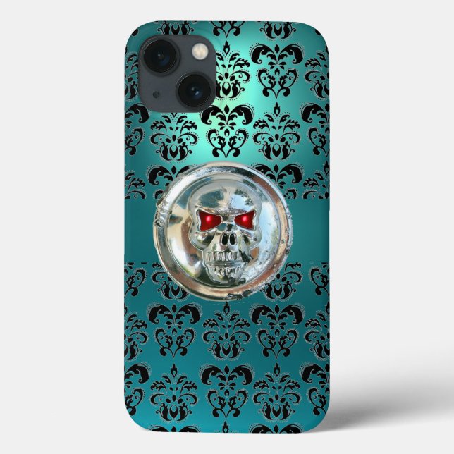 SKULL RIDERS TEAL TURQUOISE BLUE DAMASK red black Case-Mate iPhone Case (Back)