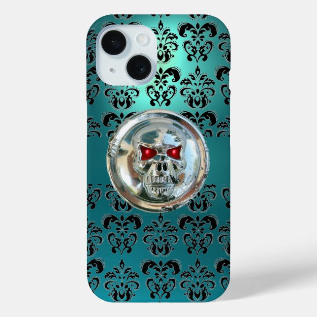 SKULL RIDERS TEAL TURQUOISE BLUE DAMASK red black Case-Mate iPhone Case (Back)
