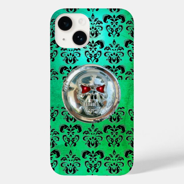 SKULL RIDERS TEAL TURQUOISE BLUE DAMASK red black Case-Mate iPhone Case (Back)