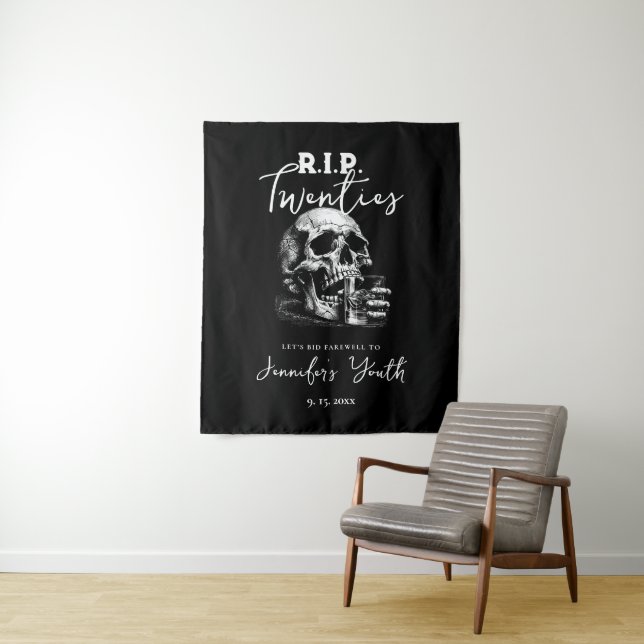 Skull RIP Twenties 30th Birthday Party Backdrop Tapestry (In Situ)