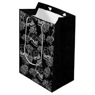 Skull Rose Chalk   Funky Black Gothic White Grunge Medium Gift Bag