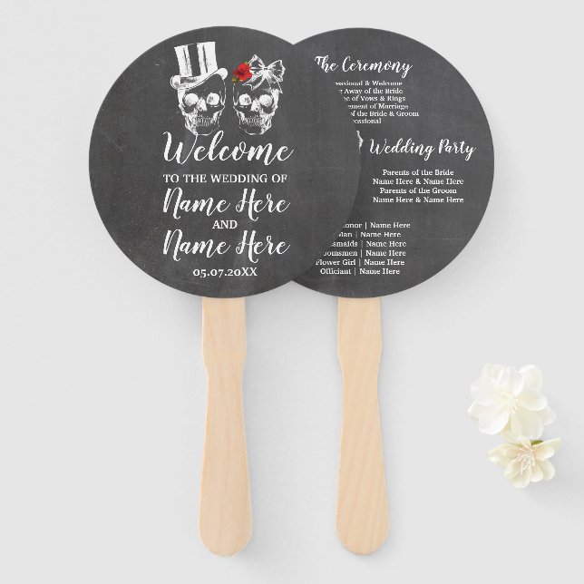 Skull Rose Wedding Programme Halloween Red Hand Fan (Front and Back)