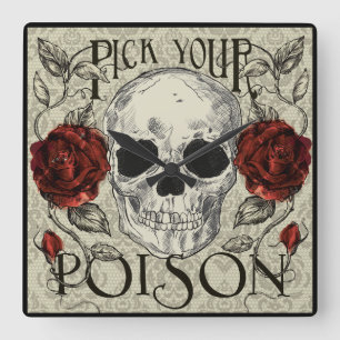 Skull Roses and Lace Clock, Day of the Dead Decor Square Wall Clock