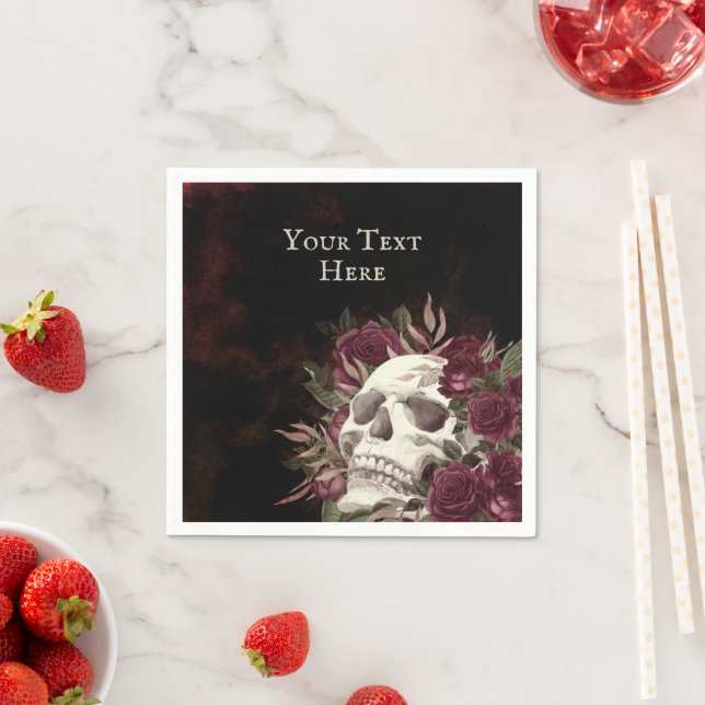 Skull Roses Burgundy Black Grunge Personalized Napkin (Insitu)