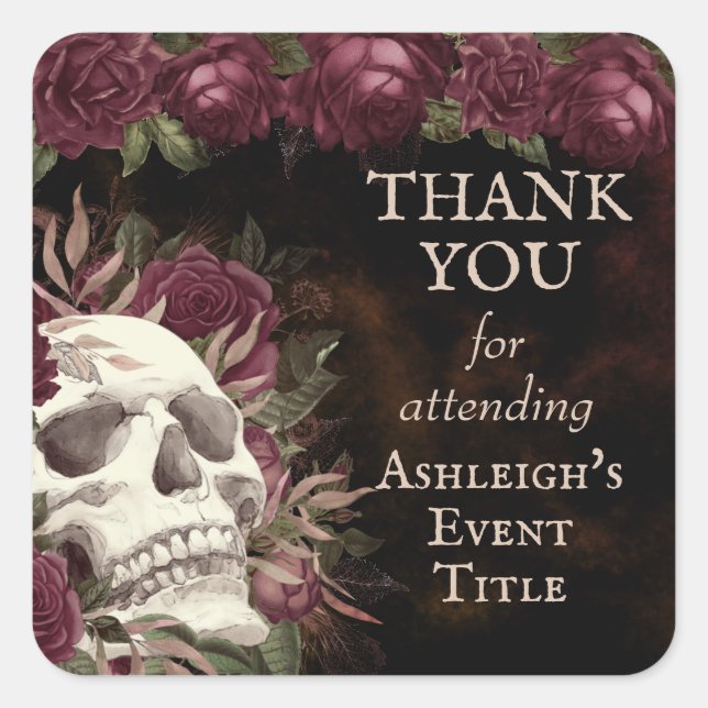 Skull Roses Burgundy Black Grunge THANK YOU Square Sticker (Front)