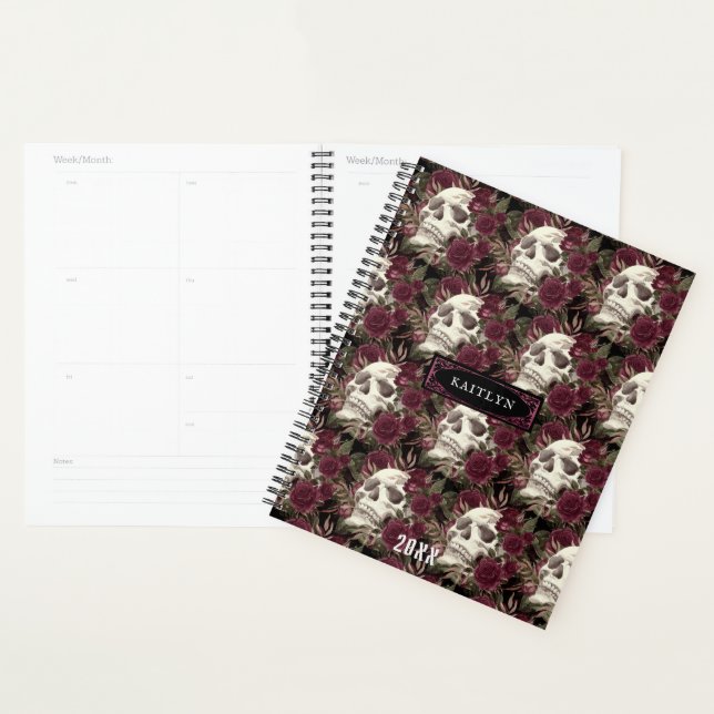 Skull Roses Burgundy Black Pattern Personalized Planner (Display)