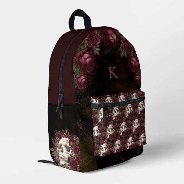 Skull Roses Burgundy Black Pattern Personalized Printed Backpack (Back Corner Left)