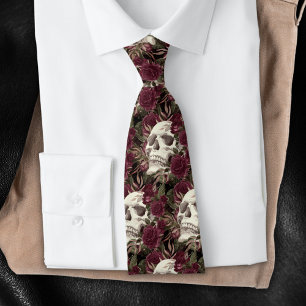 Skull Roses Burgundy Black Pattern Tie
