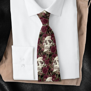 Skull Roses Burgundy Black Pattern Tie