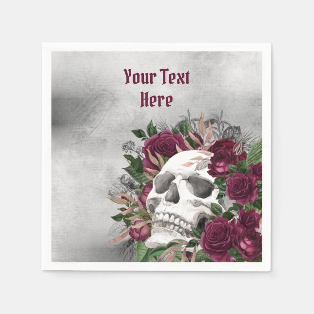 Skull Roses Burgundy Burgundy Grey Personalized Napkin (Front)