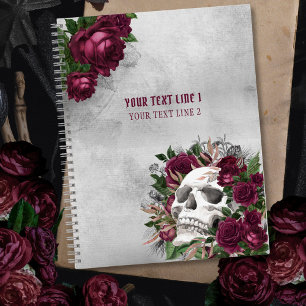 Skull Roses Burgundy Grey Grunge Personalized Notebook