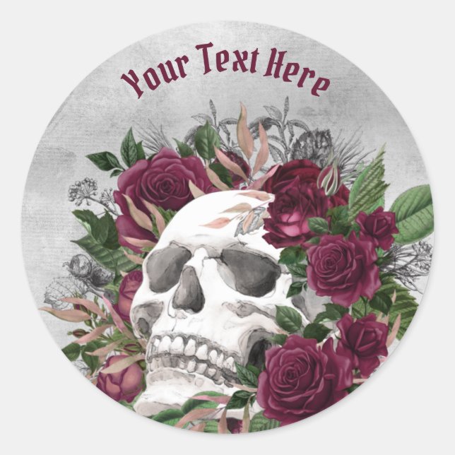 Skull Roses Burgundy Maroon Grey Personalized Classic Round Sticker (Front)