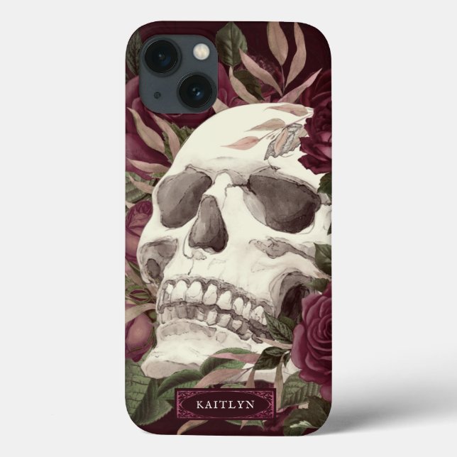 Skull Roses Burgundy Personalized Case-Mate iPhone Case (Back)