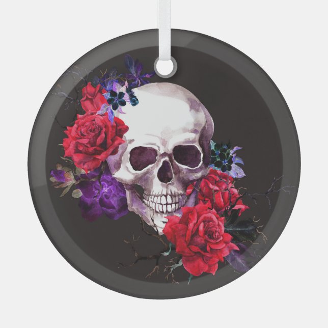 Skull & Roses: Dark Floral Watercolor. Glass Ornament (Front)