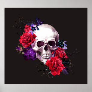 Skull & Roses: Dark Floral Watercolor. Poster