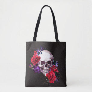 Skull & Roses: Dark Floral Watercolor. Tote Bag