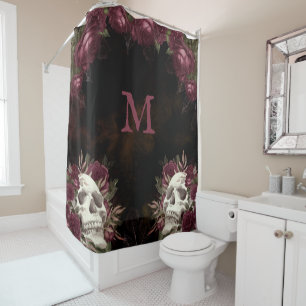 Skull Roses Monogram Black Burgundy Dark Grunge