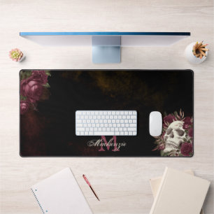 Skull Roses Monogram Name Burgundy Grunge Dark Desk Mat