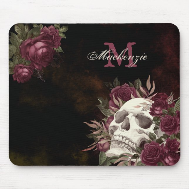 Skull Roses Monogram Name Burgundy Grunge Dark Mouse Pad (Front)