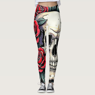Skull Roses Tattoo Art Leggings