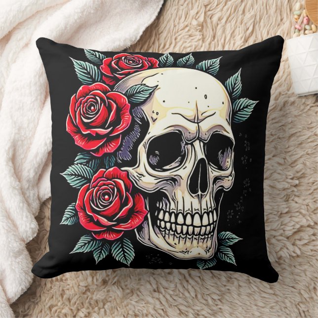 Skull Roses Tattoo Art Throw Pillow (Blanket)