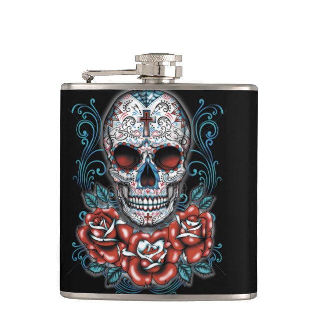 Skull & Roses Vinyl Wrapped Flask (Front)
