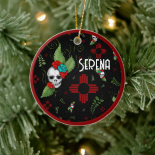 Skull Roses Zia Sun Greenery Black New Mexico Ceramic Ornament