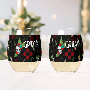 Skull Roses Zia Sun Greenery Black New Mexico Stemless Wine Glass