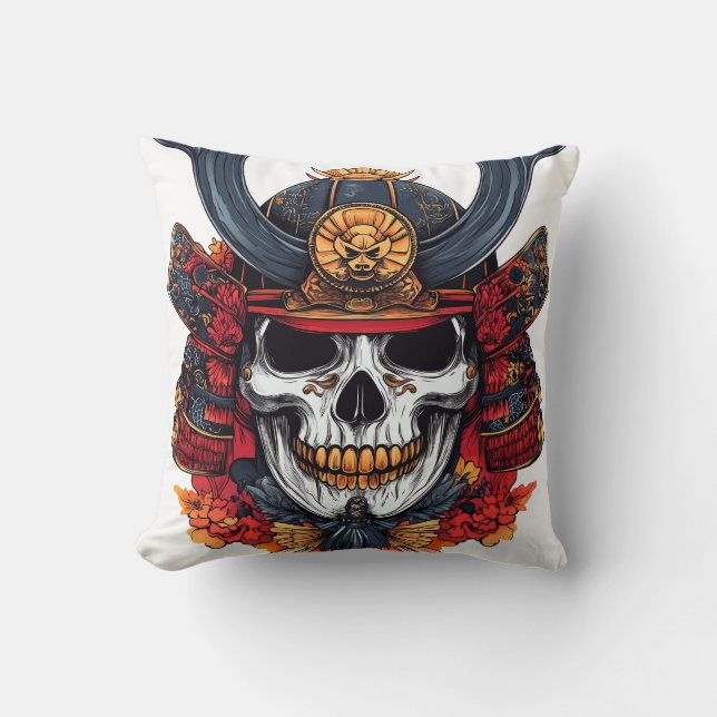 Skull Samurai Mask Throw Pillow (Front)
