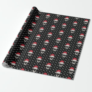 Skull Santa Hat Snowflakes Black Wrapping Paper