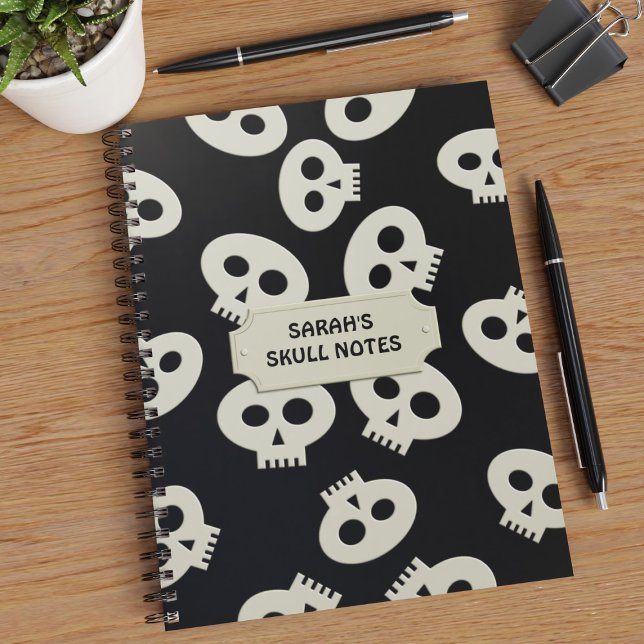 Skull School Notes Black Personalized Notebook (Back to School!  Just add your name to this cute skull pattern notebook)