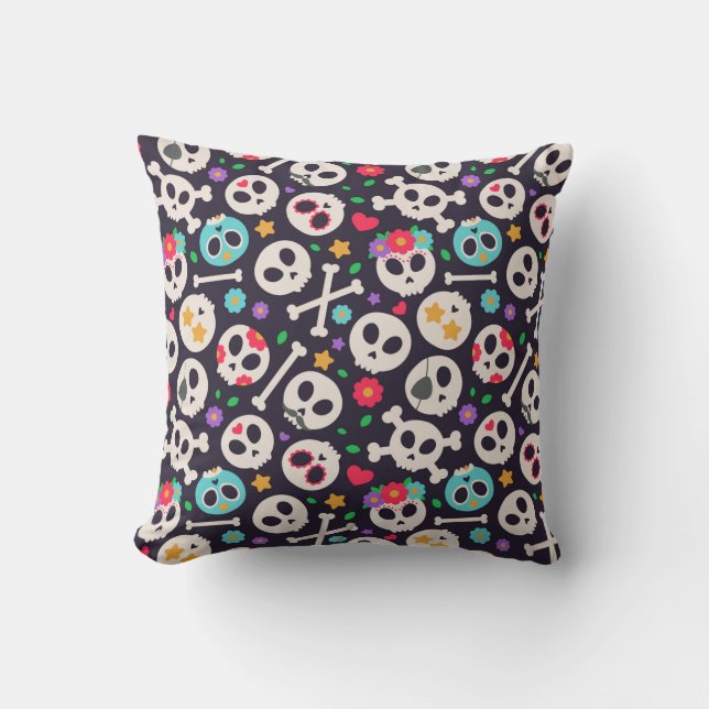 Skull set. Seamless pattern with flat design of sk Throw Pillow (Front)